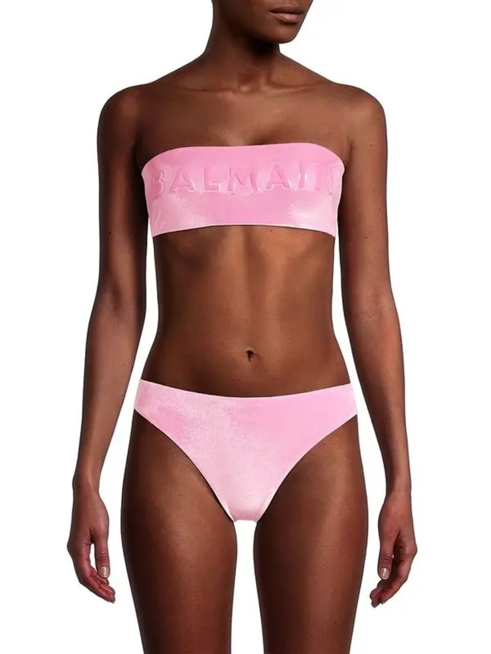 Balmain Light Pink Bandeau Bikini Set with Embossed Logo